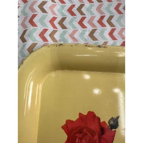 Vintage 50s Mid Century Modern Metal Serving Tray Yellow Roses 8.8" x 14.25" MCM - Picture 4 of 6